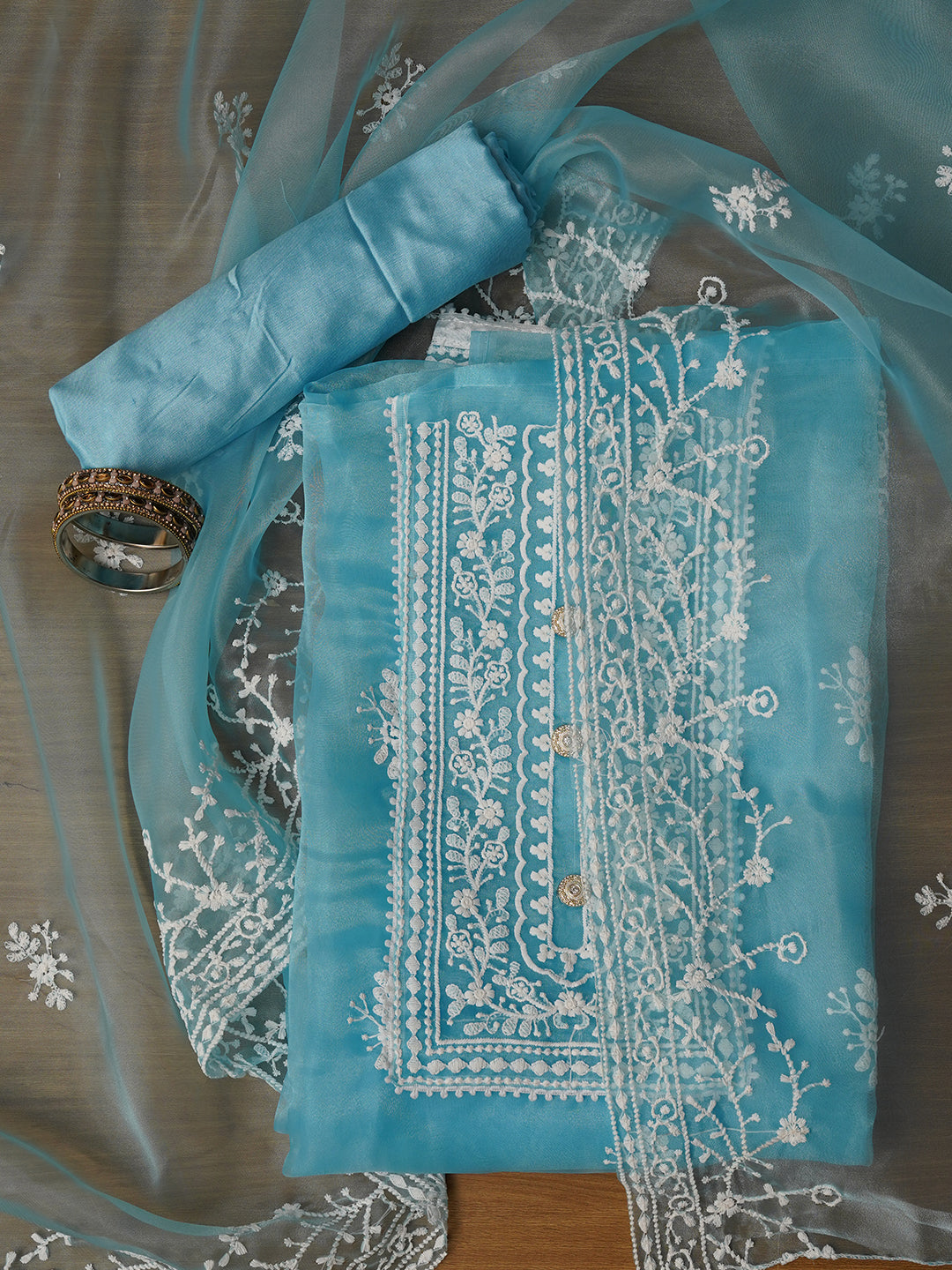 Unstitched Sea Green Embroidered Organza Dress Material With Dupatta
