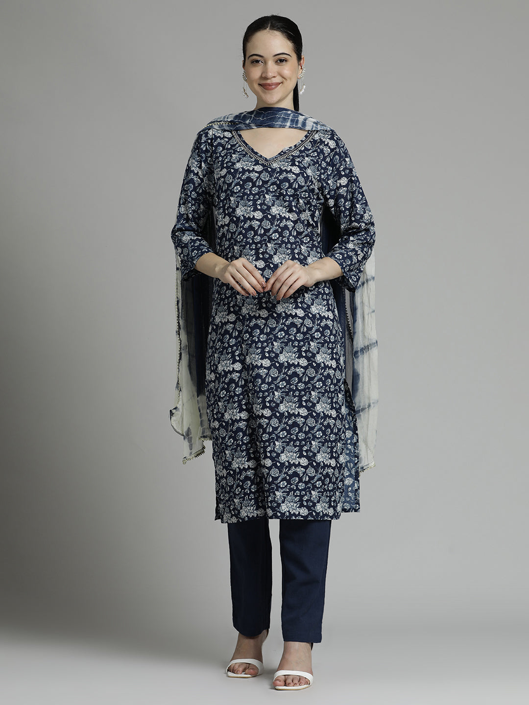 Navy Blue Floral Printed Kurta Set With Tie-Dye Dupatta
