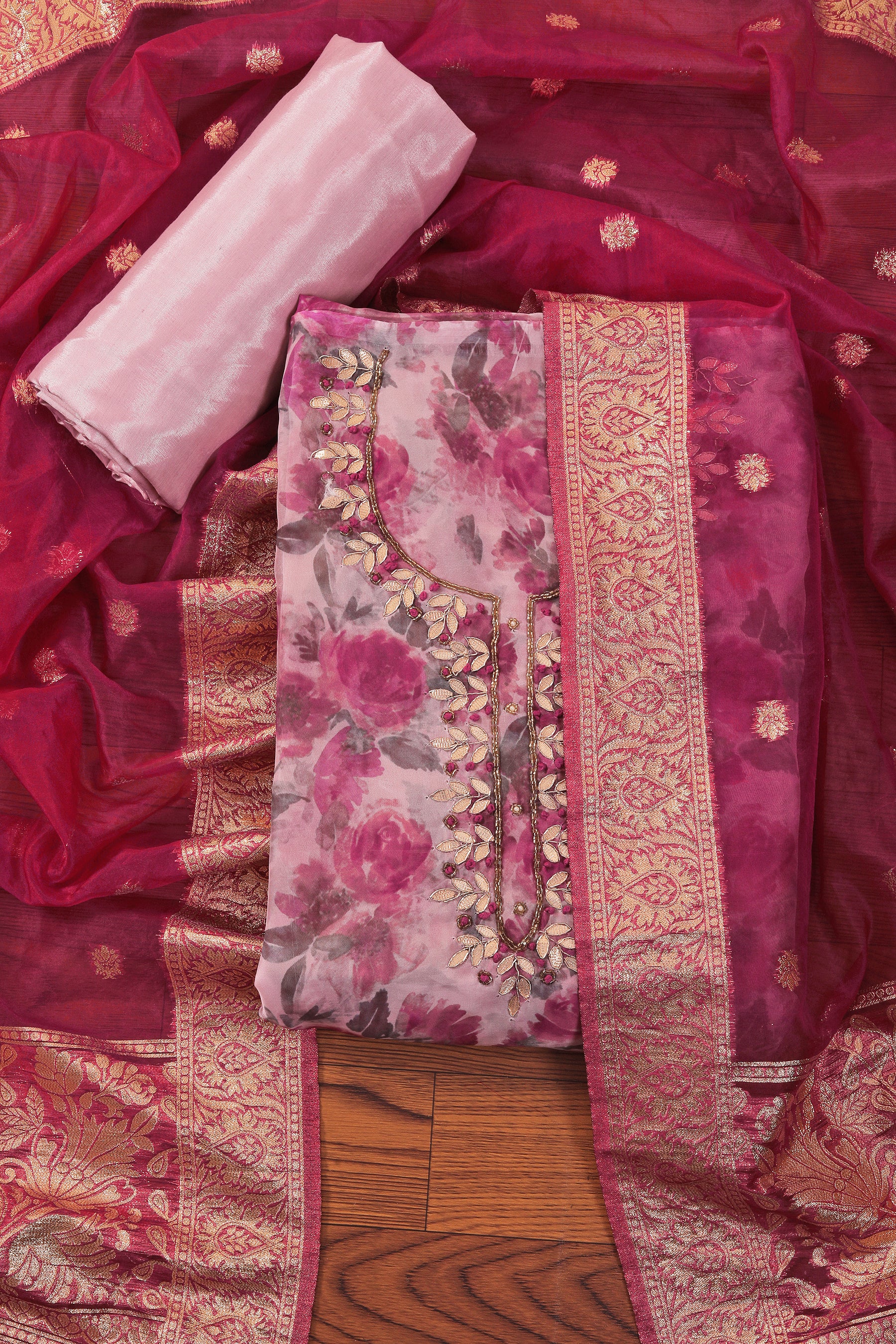 Unstitched Pink Floral Printed Gota Patti Dress Material With Dupatta