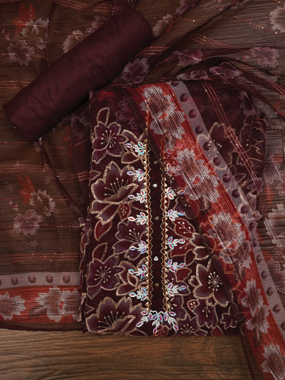 Red Unstitched Embellished Organza Dress Material With Dupatta