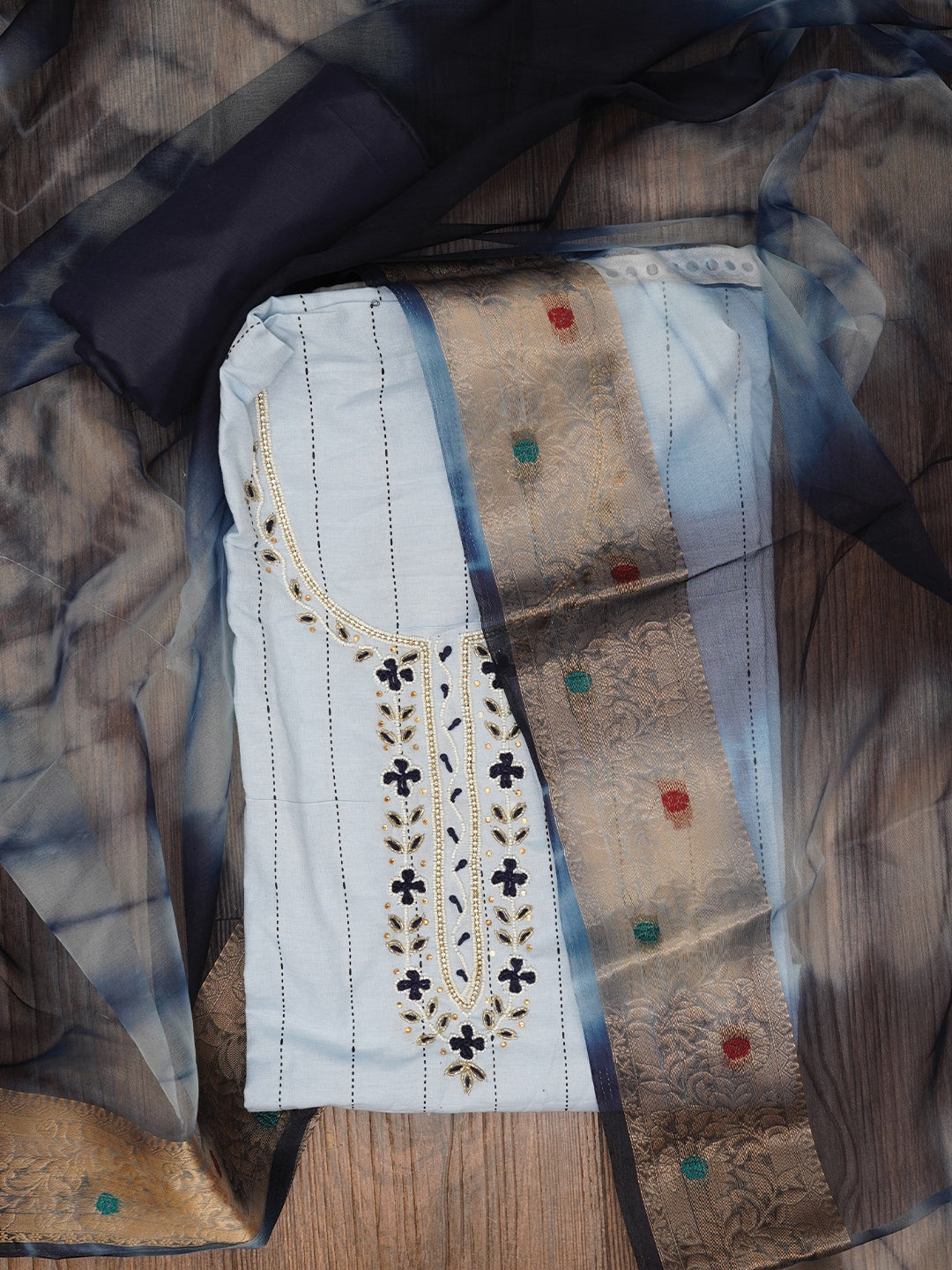 Teal Blue Cotton Woven Design Embellished Dress Material with Dupatta