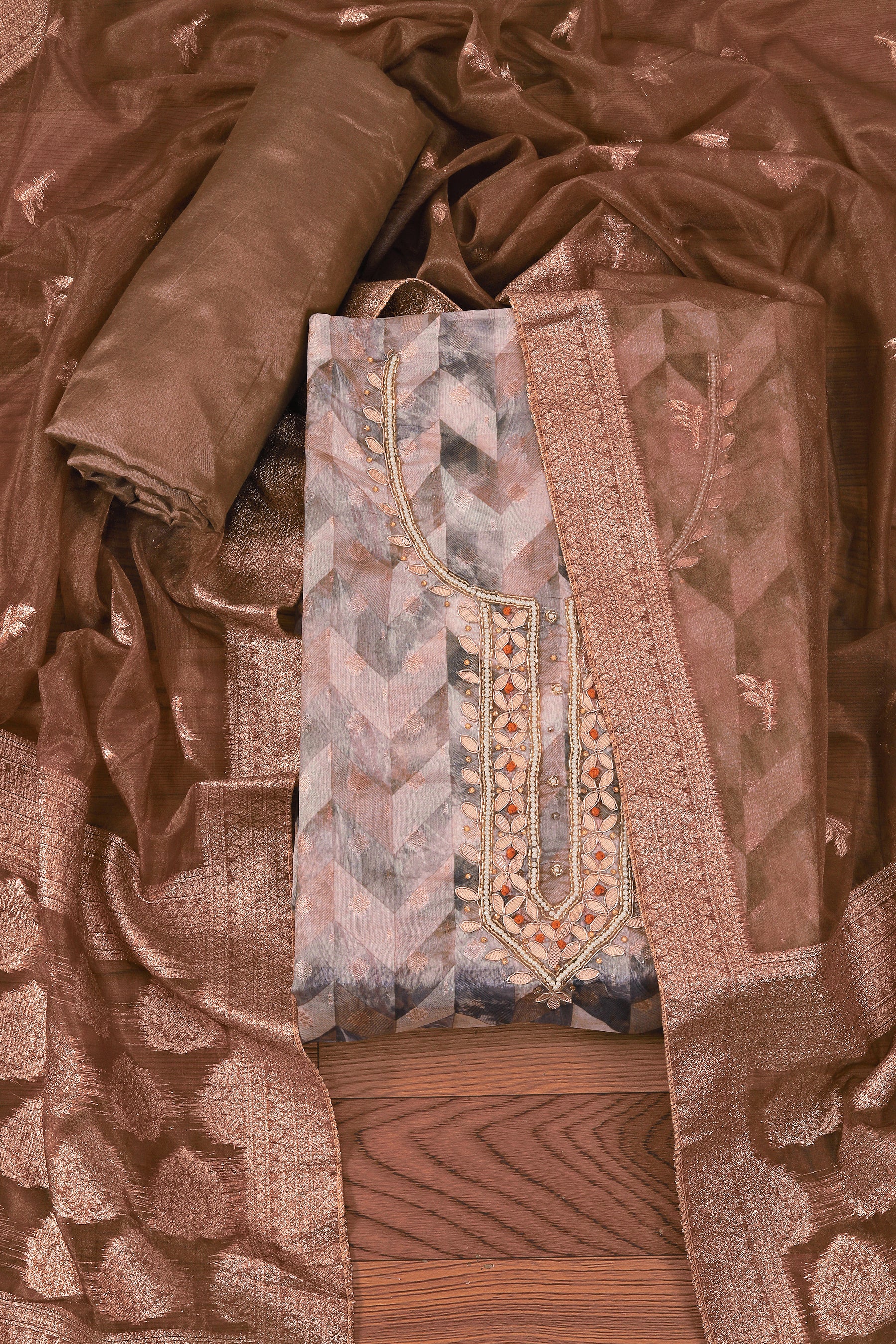 Brown Woven Design Organza Gota Patti Dress Material With Dupatta