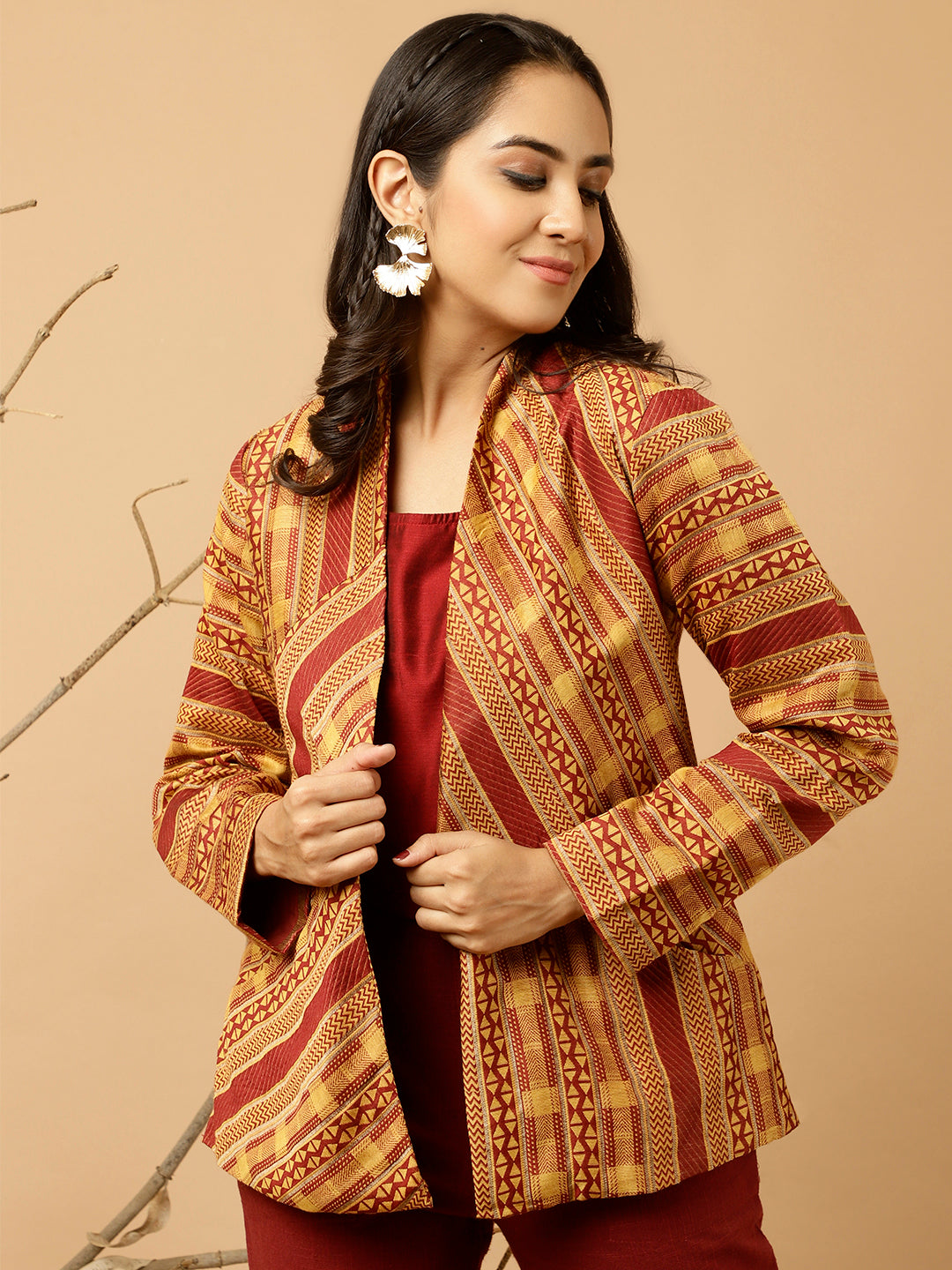 Maroon Jacquard Chanderi Jacket