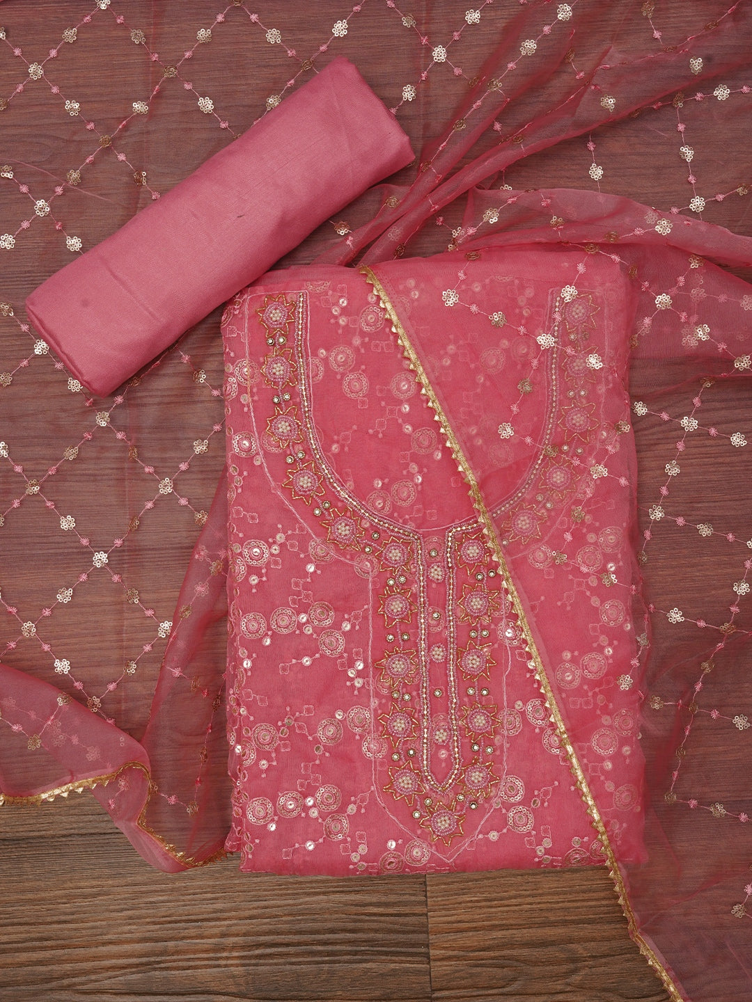 Pink Festive Embellished Organza Dress Material with Dupatta