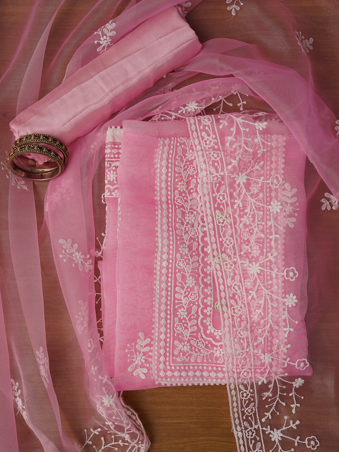 Unstitched Pink Embroidered Organza Dress Material With Dupatta