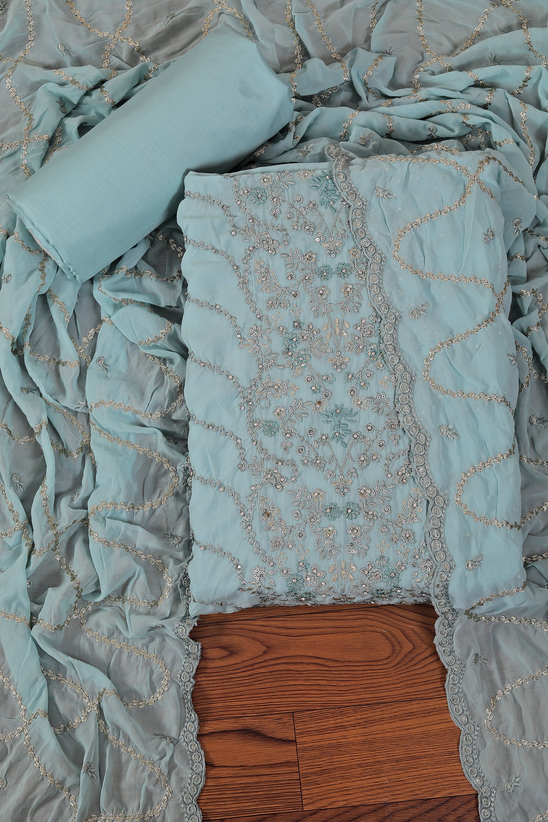 Sea Green Heavy Embroidered Poly Georgette Dress Material with Dupatta