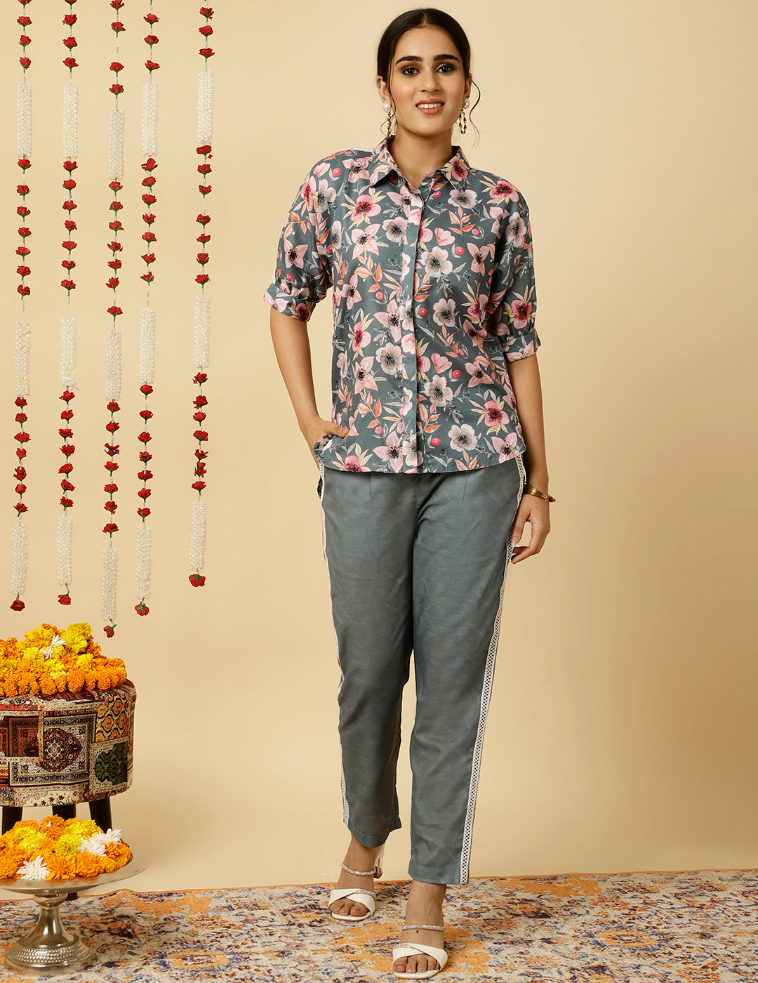 Grey Floral Print Shirt With Pants Co-ord Sets