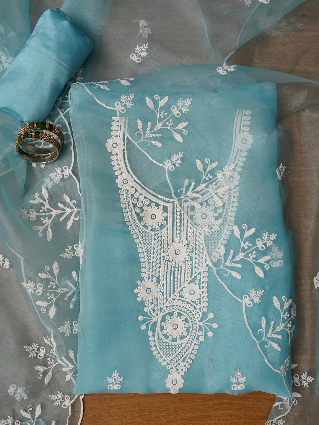 Unstitched Sky Blue Embroidered Organza Dress Material With Dupatta
