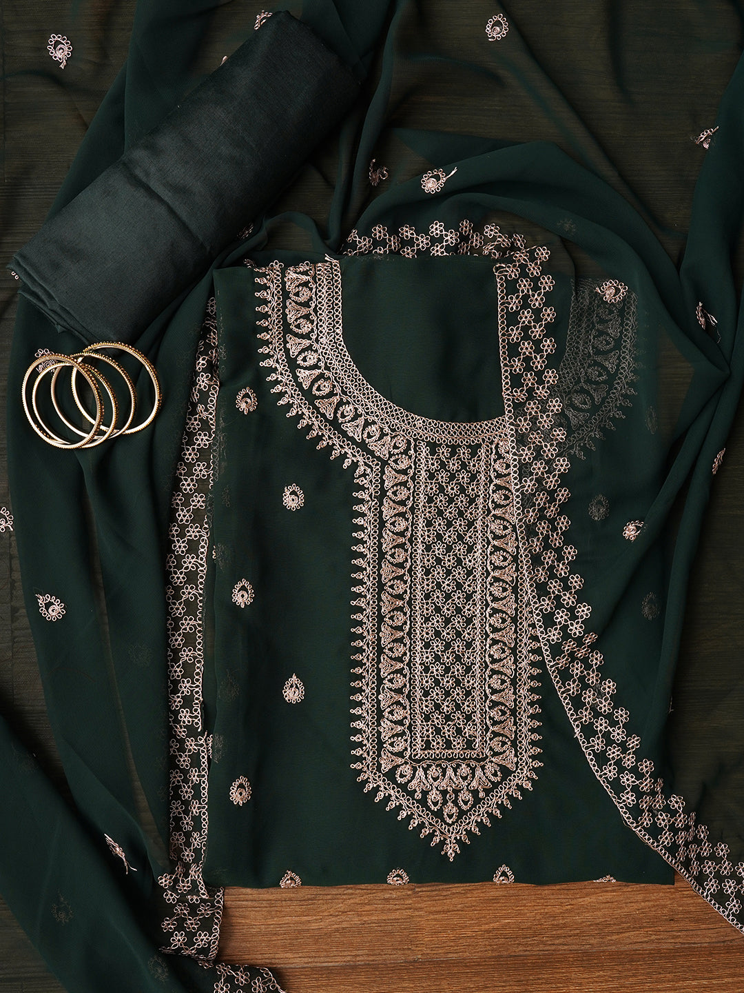 Unstitched Embroidered Silk Georgette Green Dress Material With Dupatta