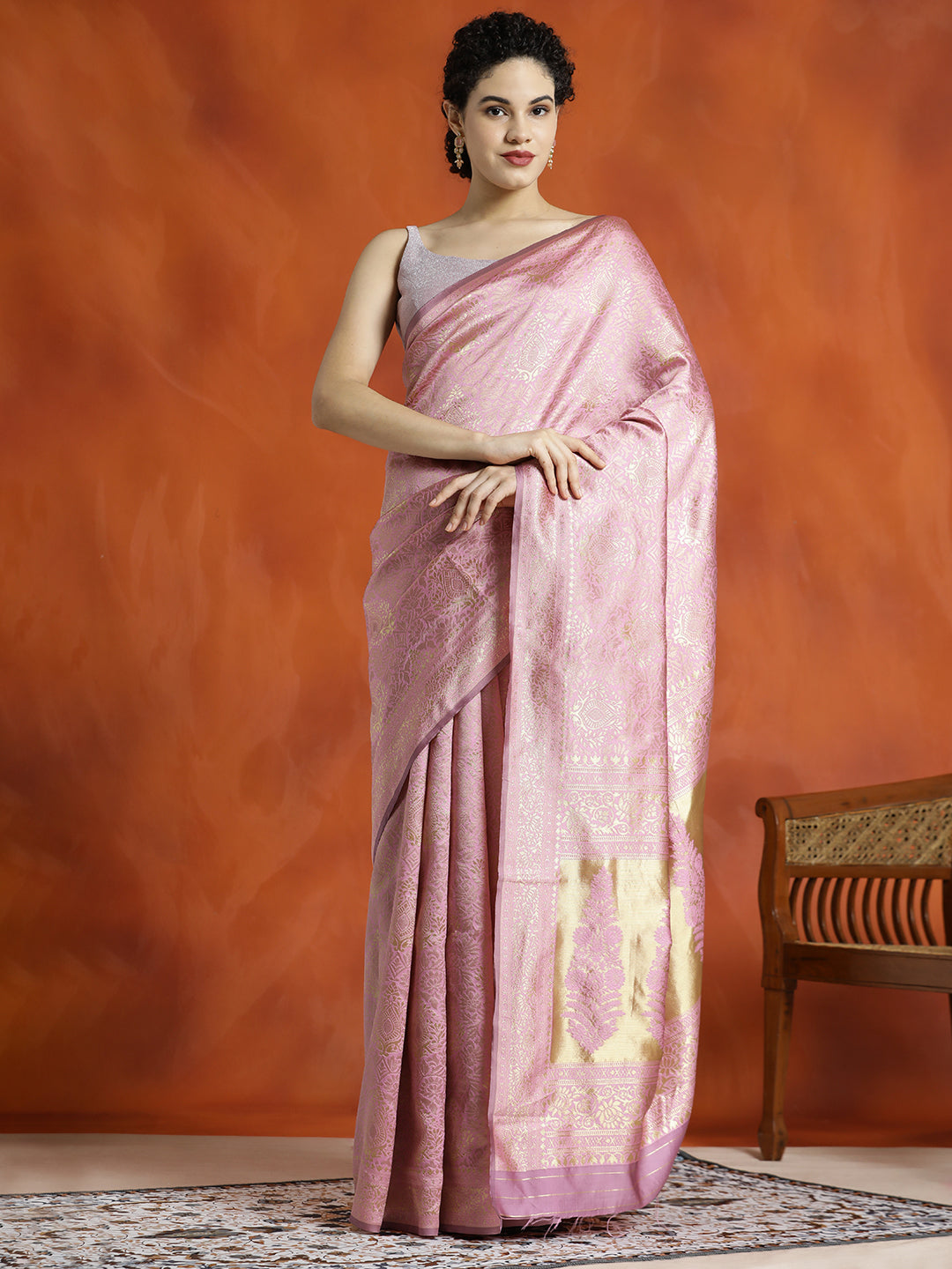Heavy Banarasi Zari Woven Silk Blend Baby Pink Saree