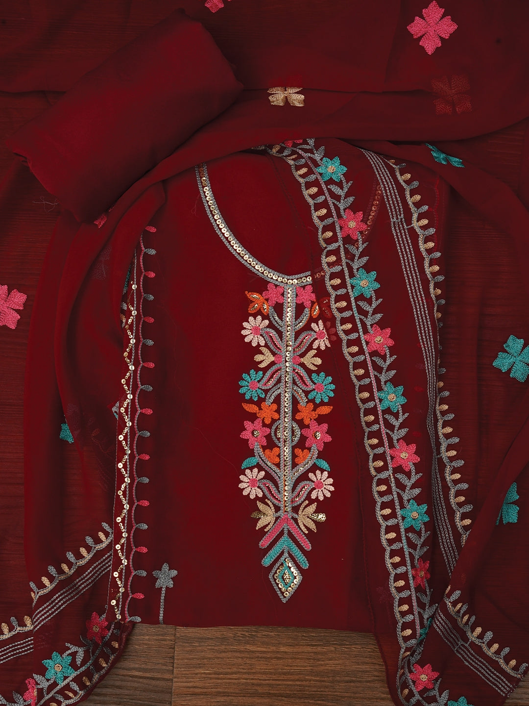 Red Sequin Embroidered Silk Georgette Dress Material with Dupatta