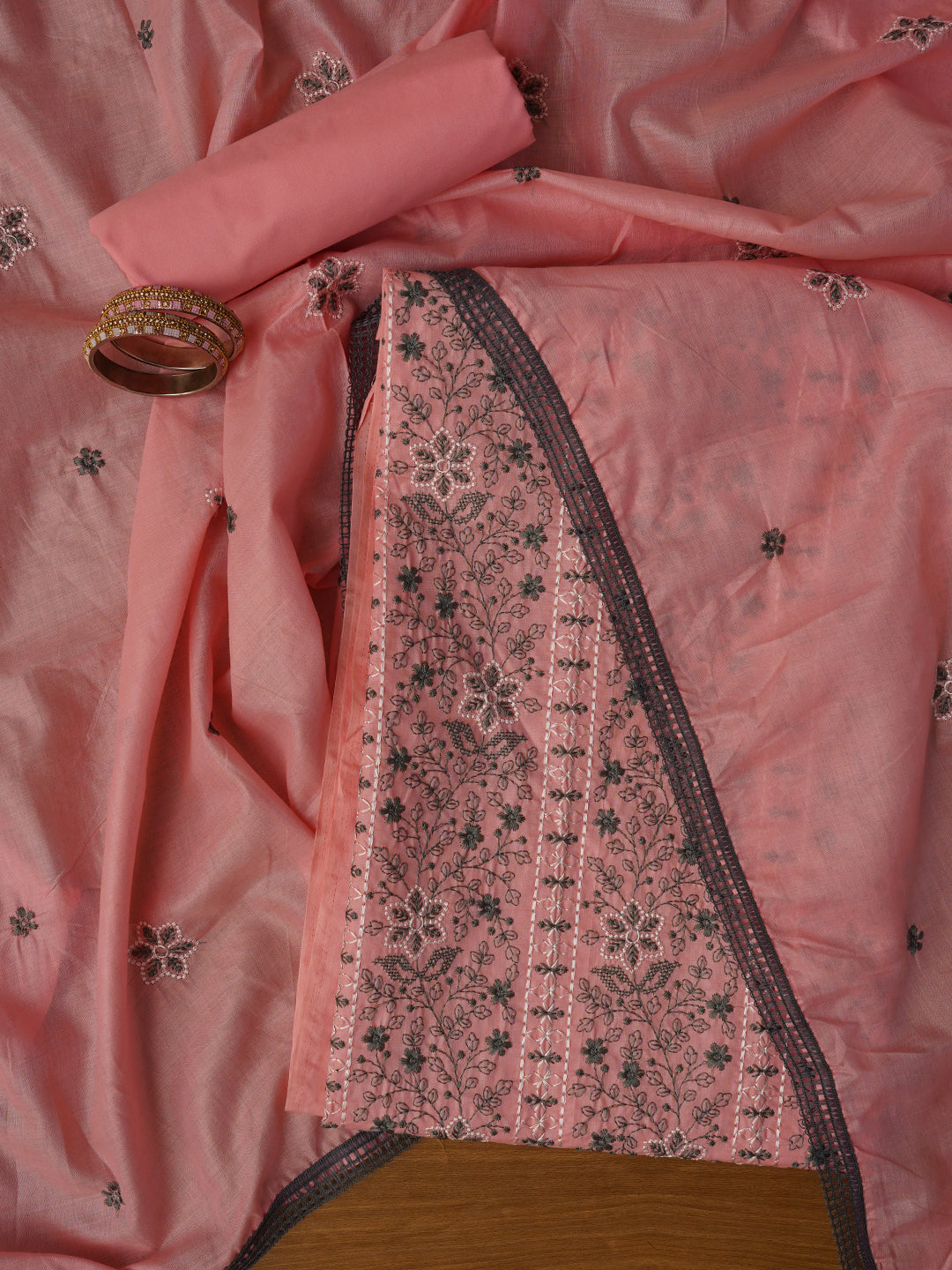 Pink Unstitched Embroidered Pure Cotton Dress Material With Dupatta