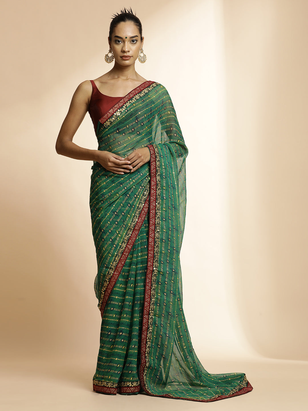 Green Printed Lightweight Georgette Saree