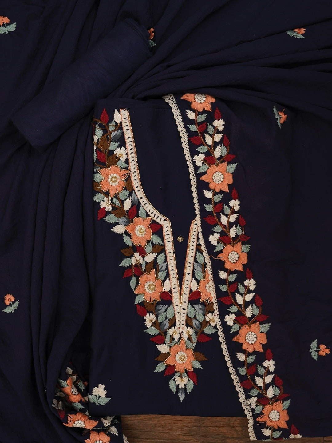 Navy Blue Pure Silk Lucknowi Embroidered Dress Material with Dupatta