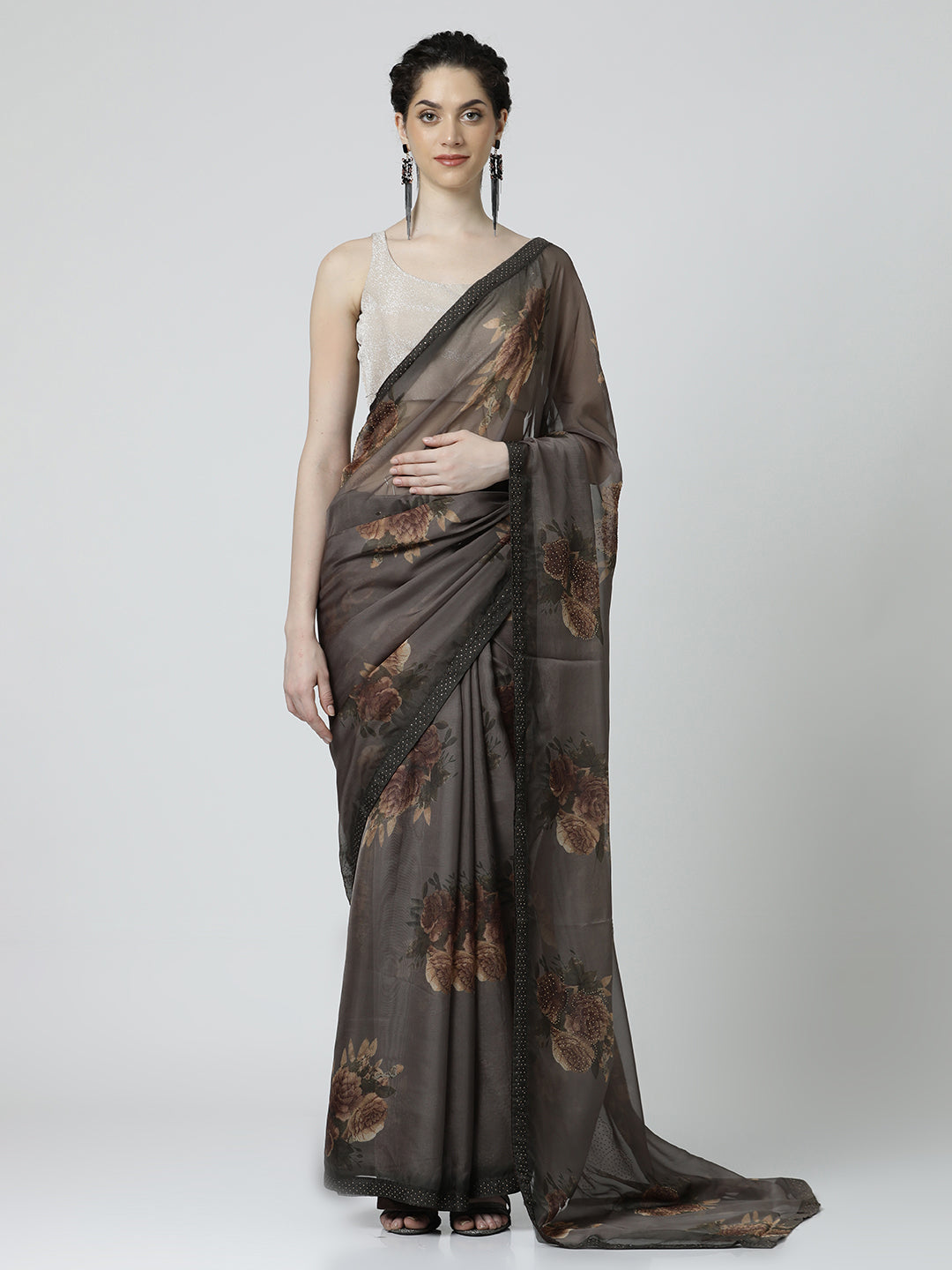 Brown Embellished Floral Printed Georgette Saree