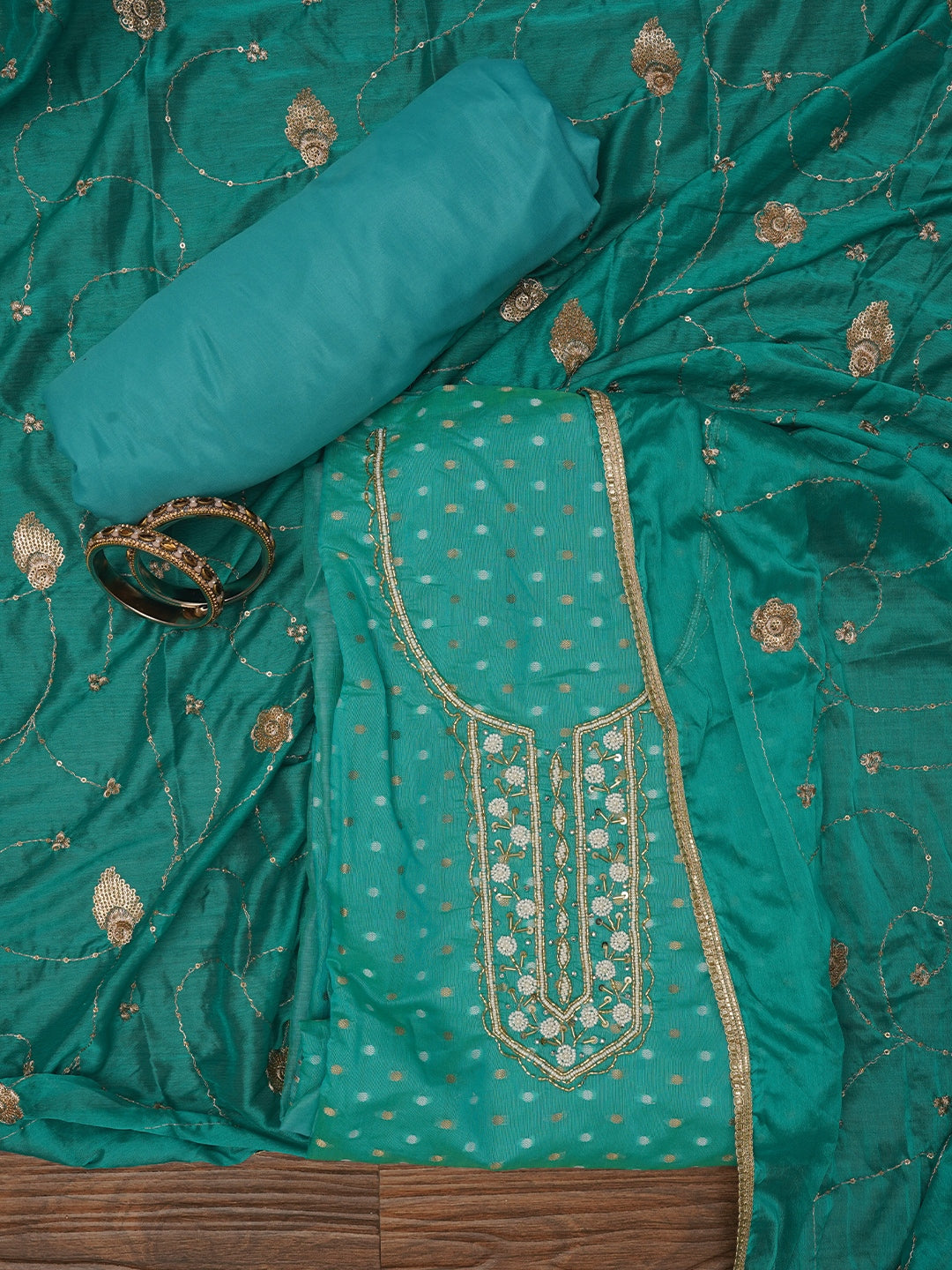 Sea Green Zari Pure Cotton Dress Material with Dupatta