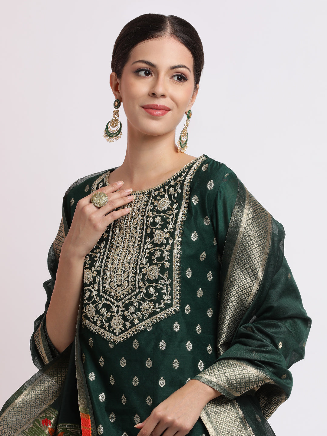 Green Embroidered Jacquard Kurta Set With Dupatta