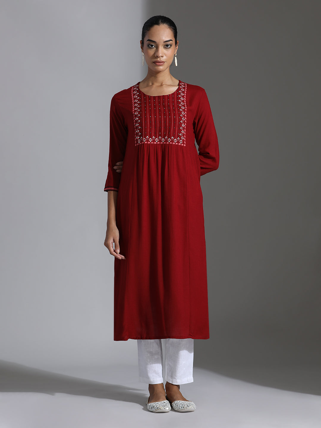 Embroidered Maroon Rayon Straight Kurta
