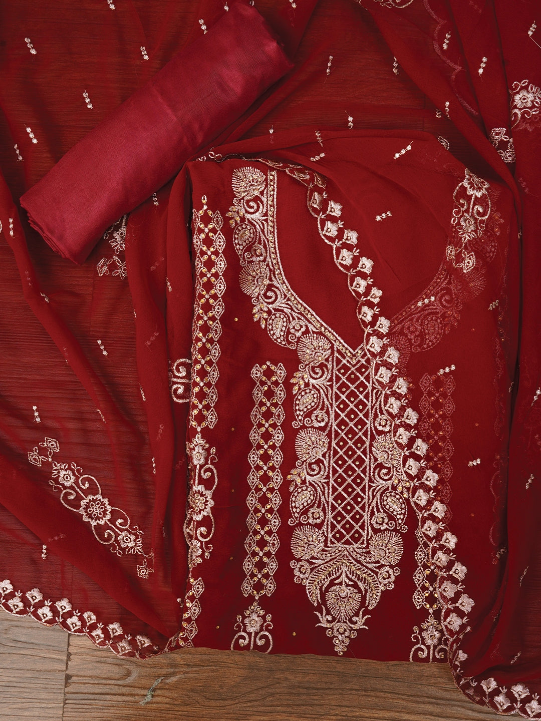 Zari Maroon Silk Georgette Dress Material with Dupatta