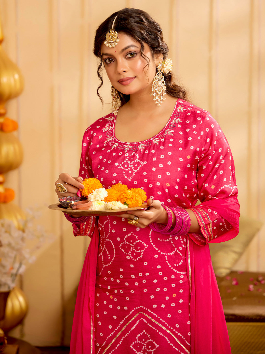 Fuchsia Bandhani Printed Festive Kurta Set With Dupatta