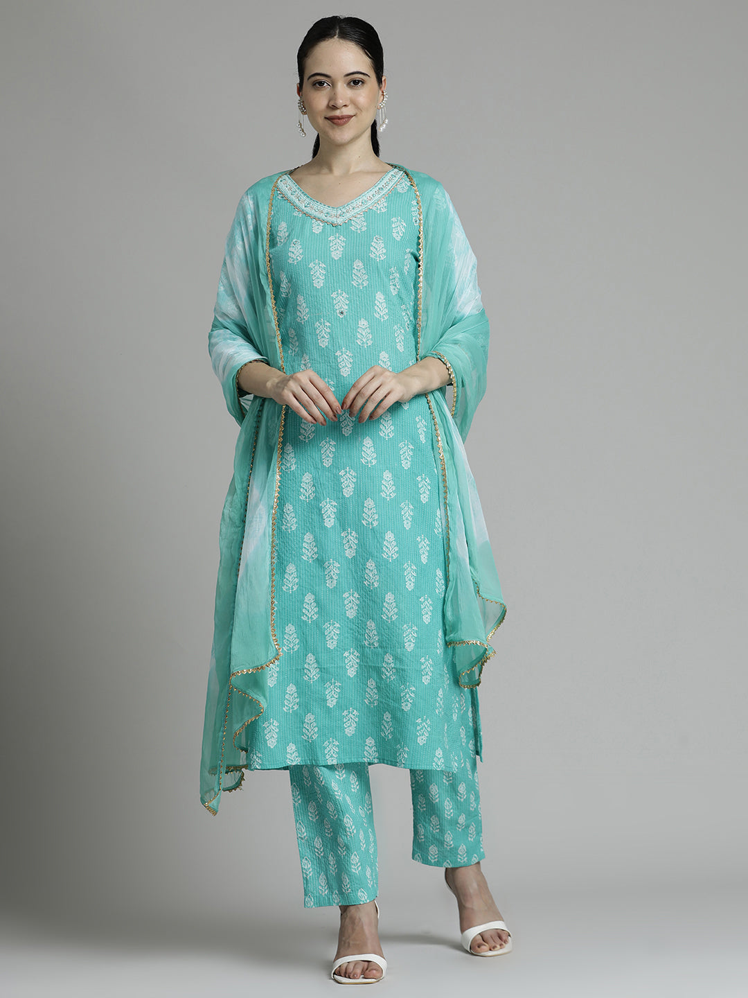 Green Ethnic Printed Pure Cotton Suit Set