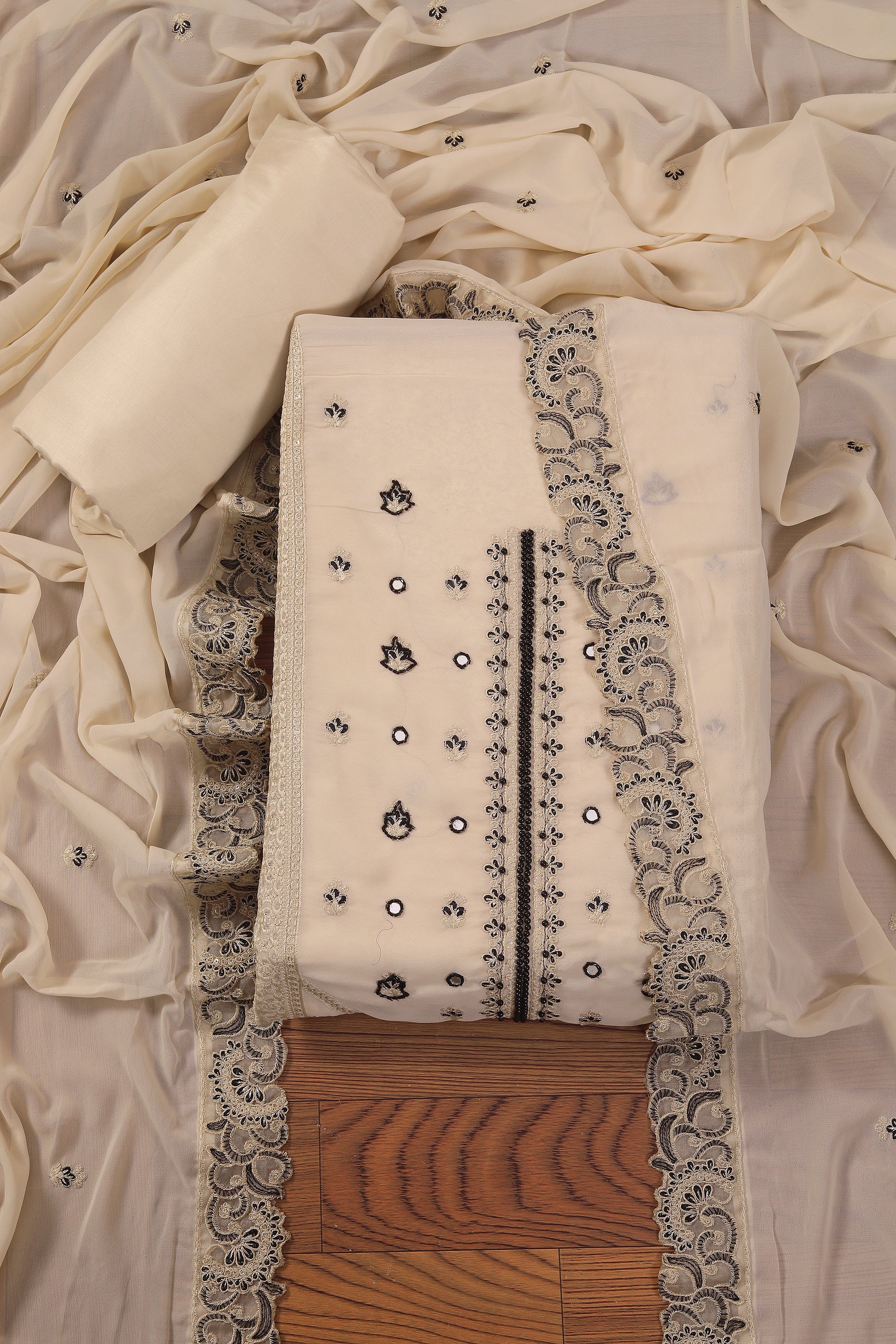 Cream Embroidered Poly Georgette Dress Material with Dupatta