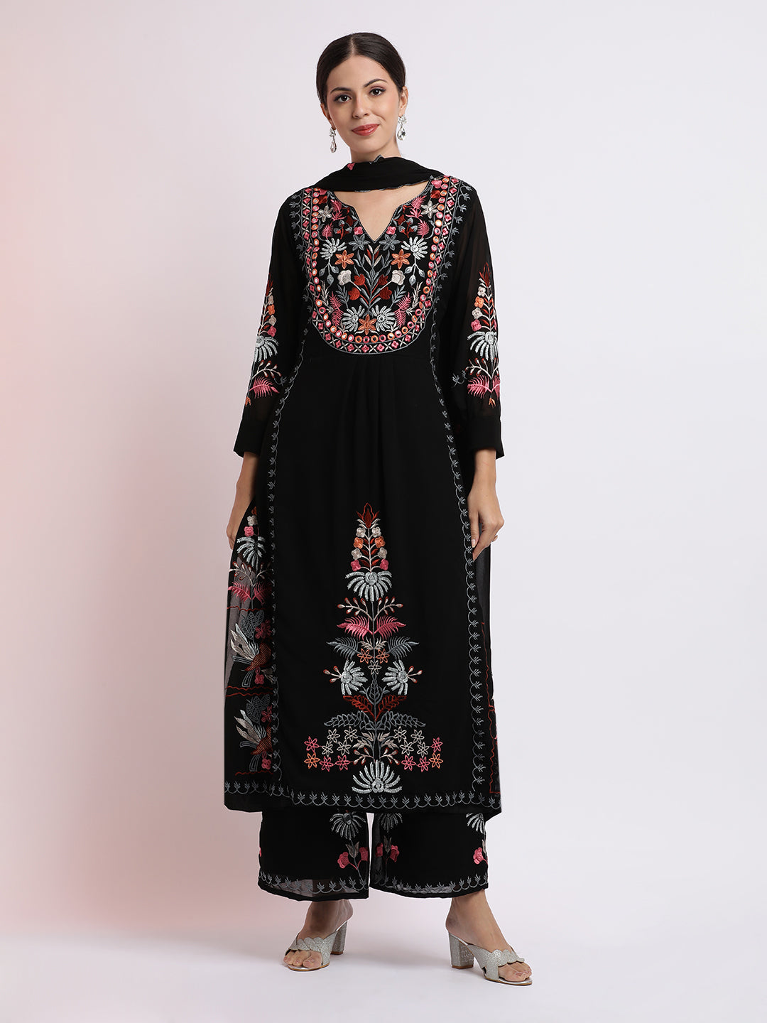 Black Thread Embroidered Georgette Kurta Set With Dupatta