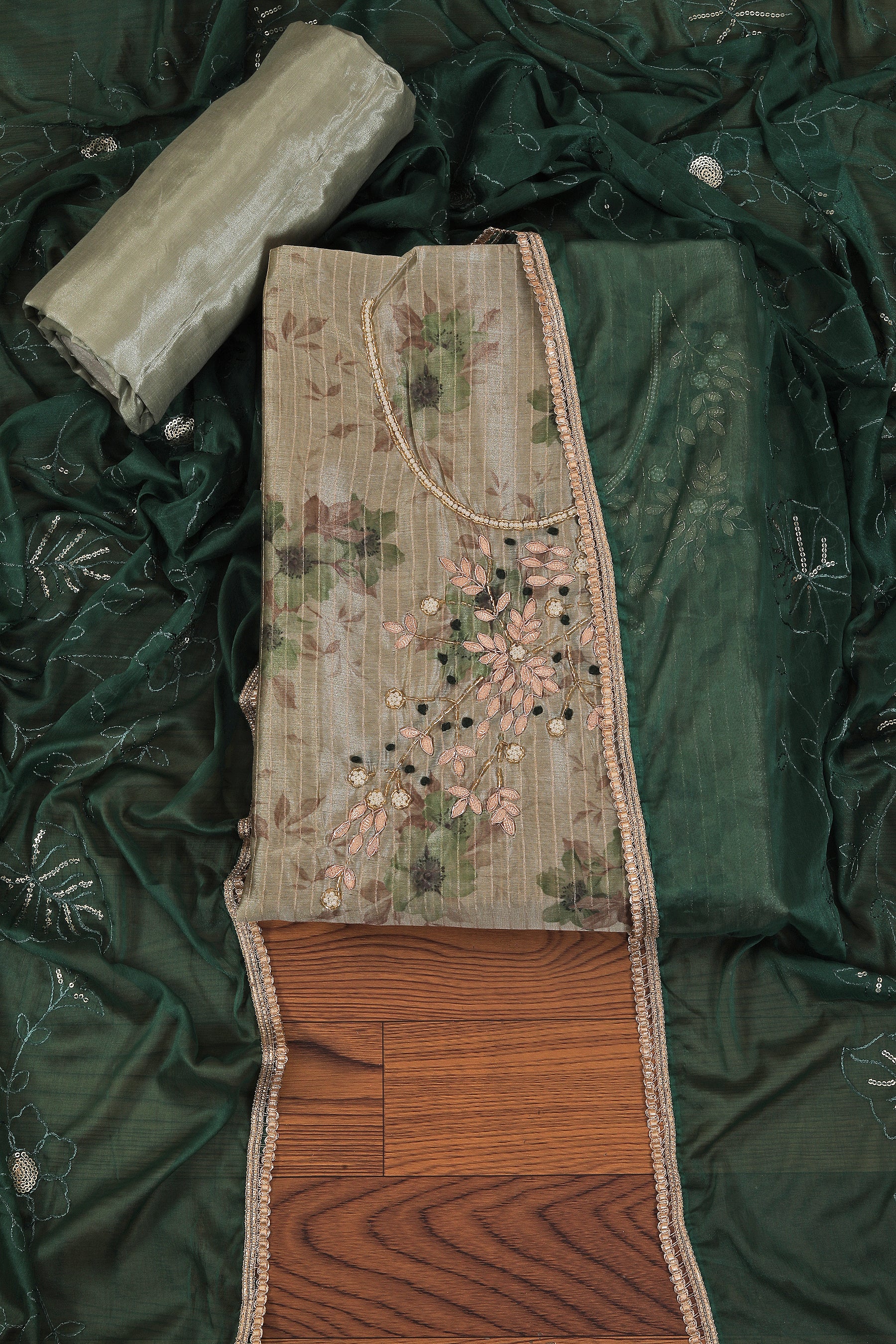 Dark Green Gota Patti Silk Blend Dress Material With Embellished Dupatta