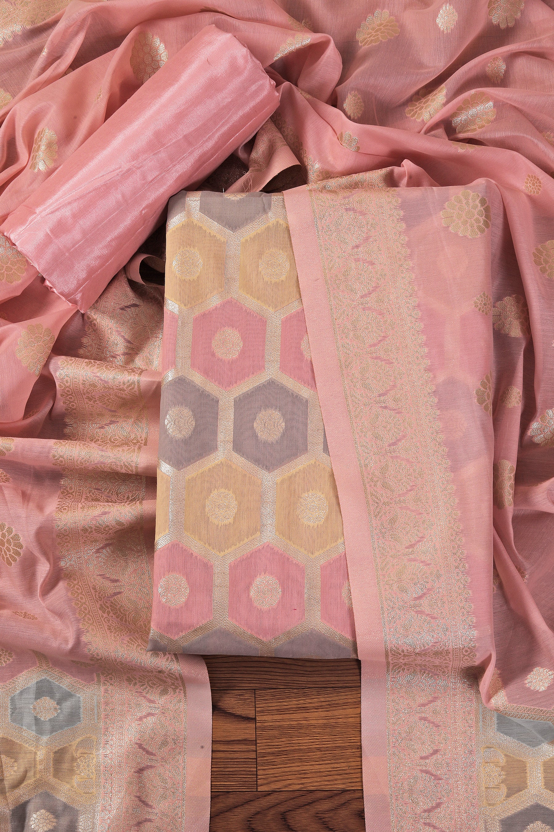 Unstitched Floral Printed Zari Dress Material With Dupatta