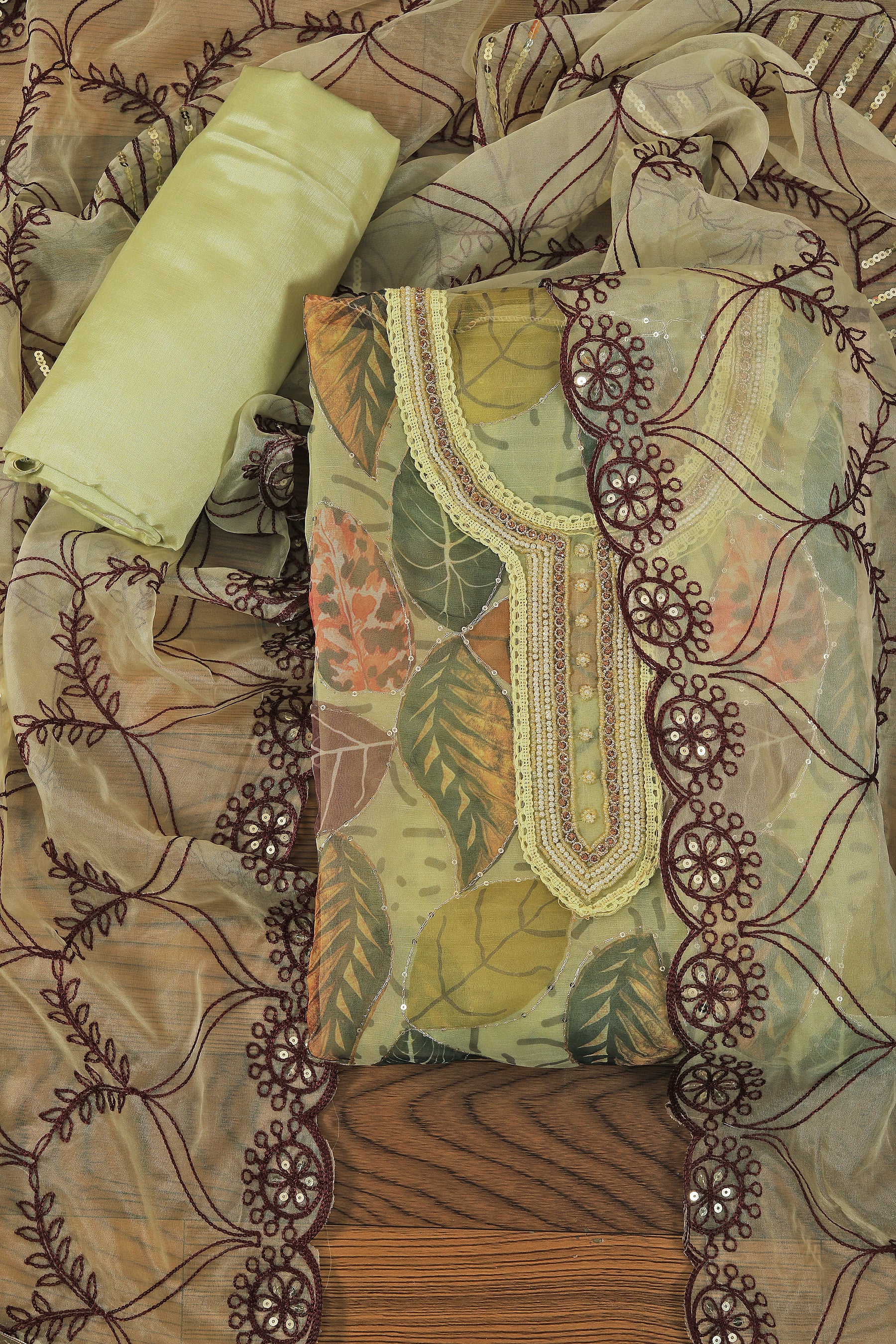 Yellow Unstitched Floral Printed Beads and Stones Dress Material With Dupatta