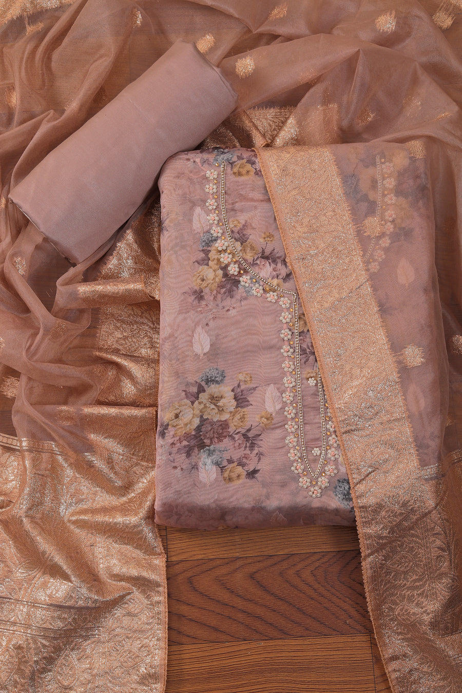 Embellished Woven Design Organza Dress Material With Dupatta