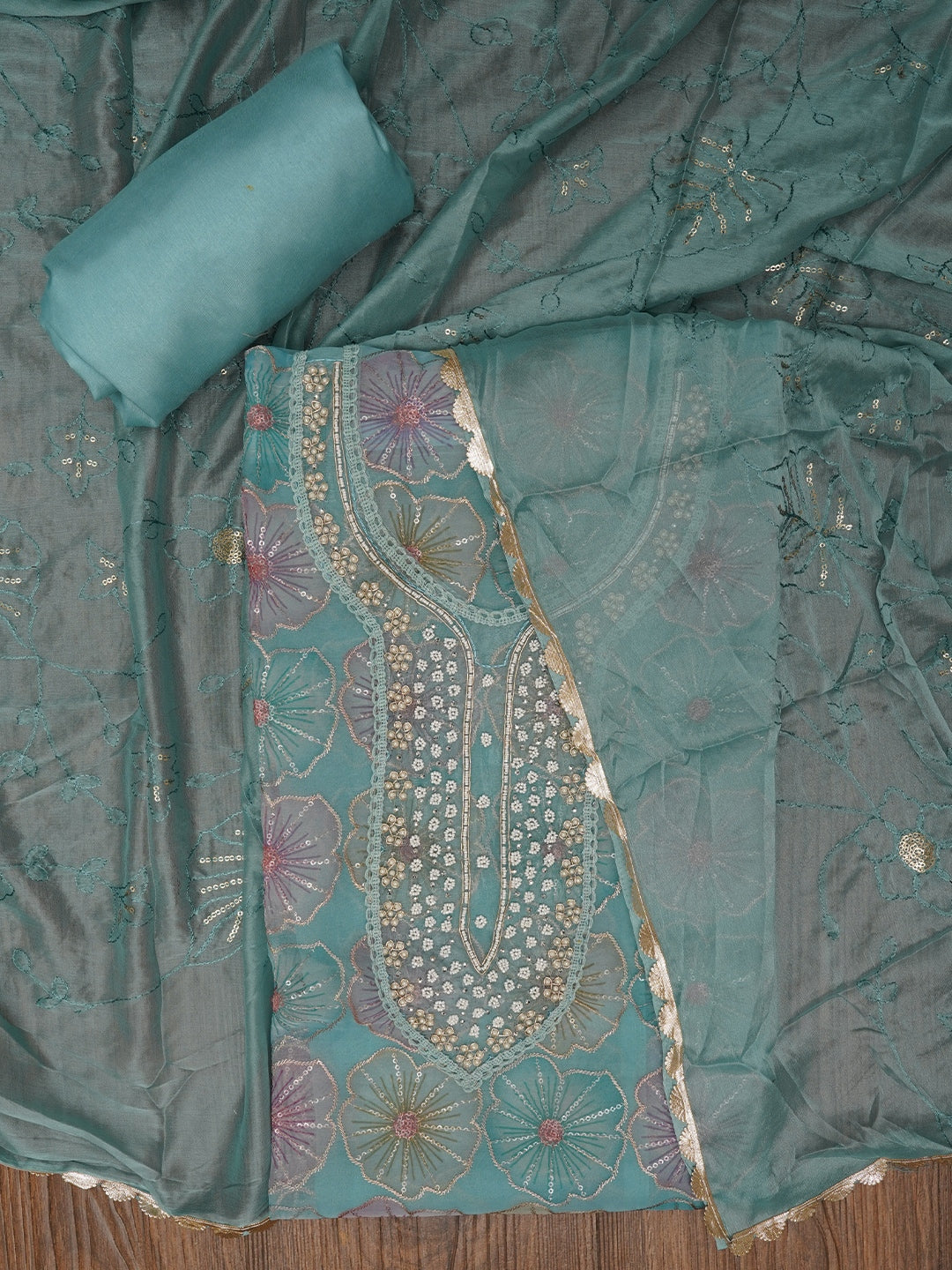 Sky Blue Floral Sequin Embroidered Organza Dress Material with Dupatta