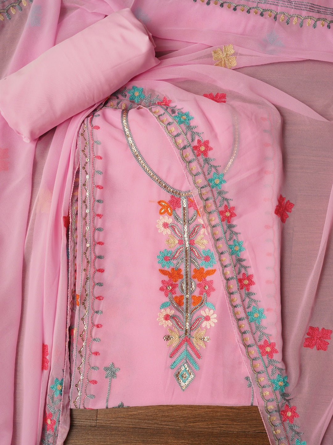 Pink Sequin Embroidered Silk Georgette Dress Material with Dupatta