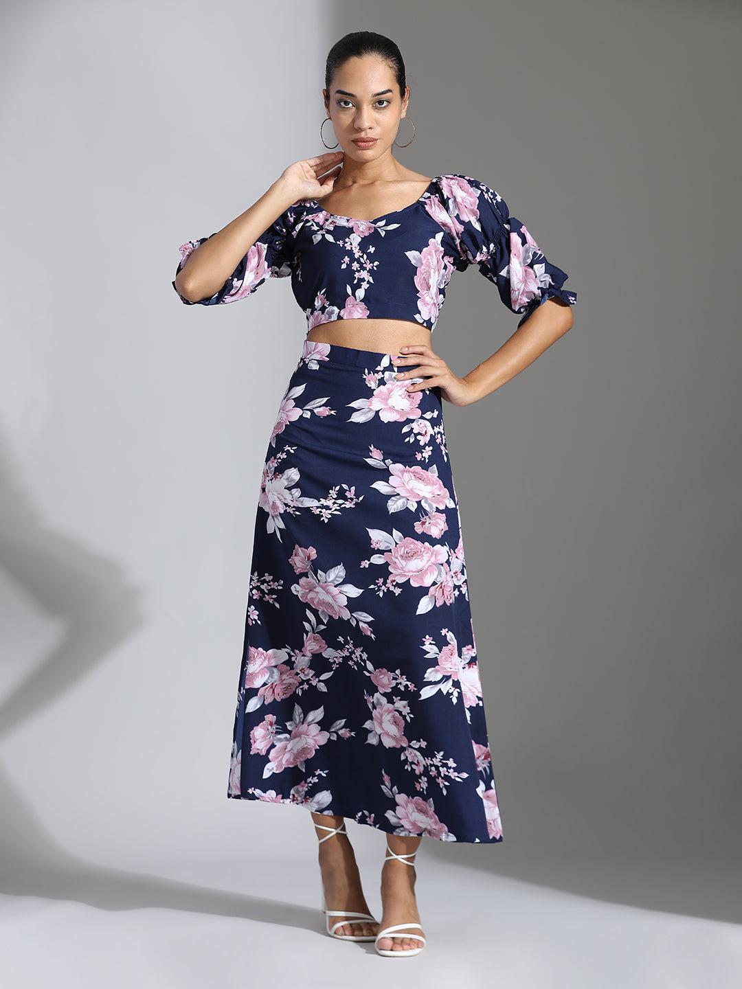 Blue Floral Printed Crop Top With Skirt Co-ord Set