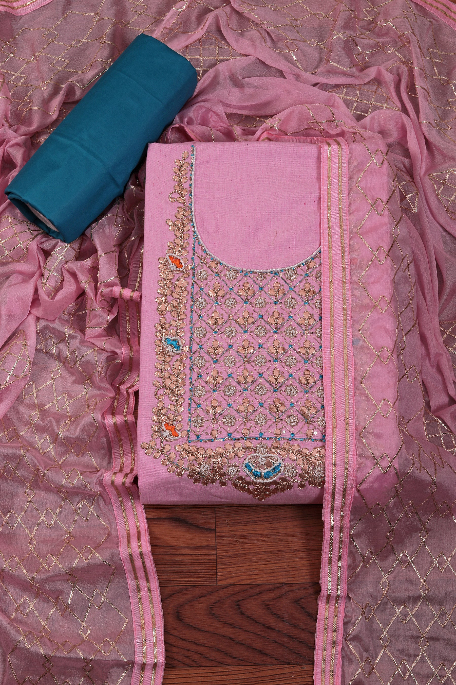 Pink Unstitched Embellished Cotton Dress Material With Dupatta