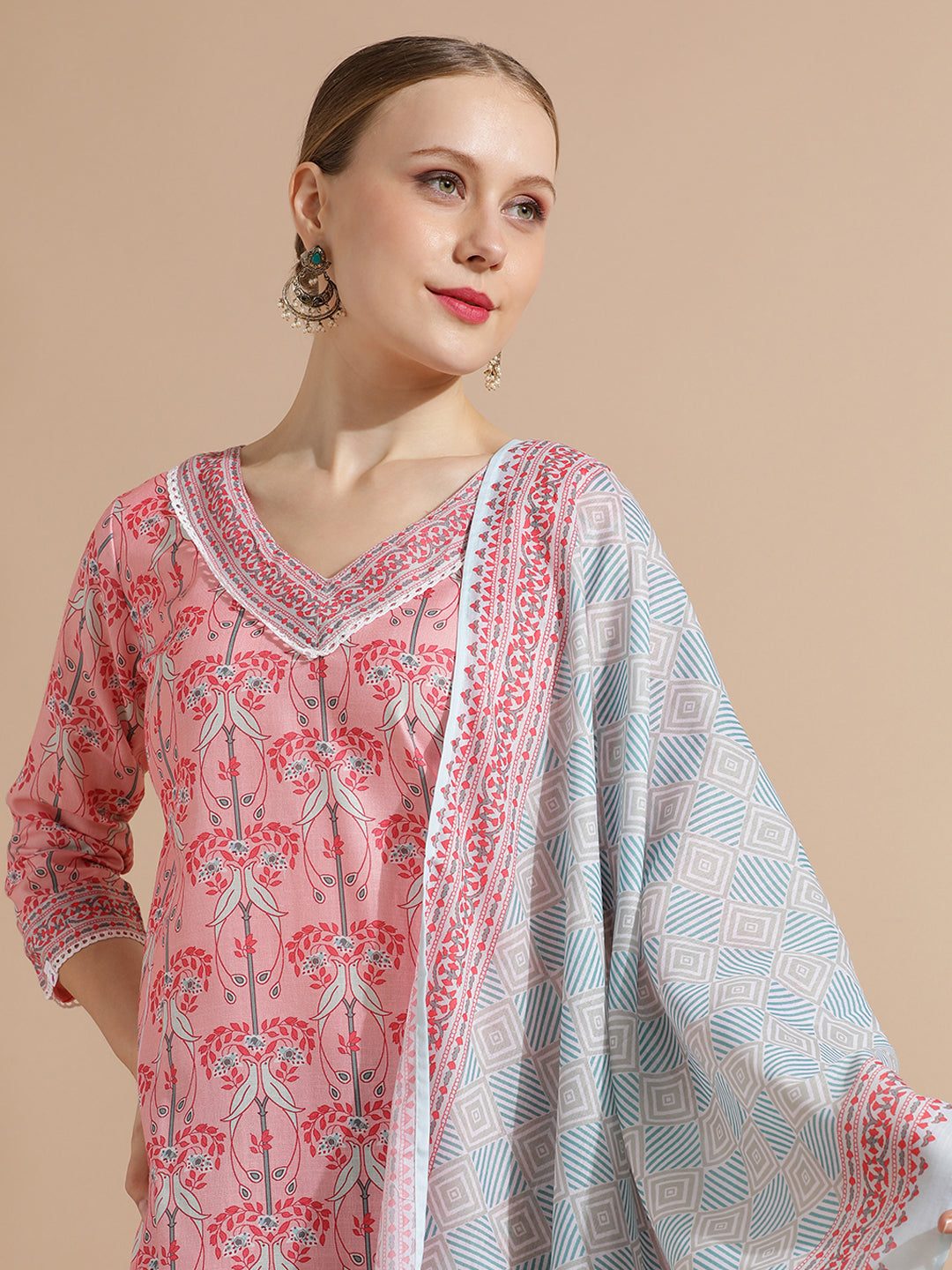 Peach Green Block Printed Cotton Kurta Set With Dupatta