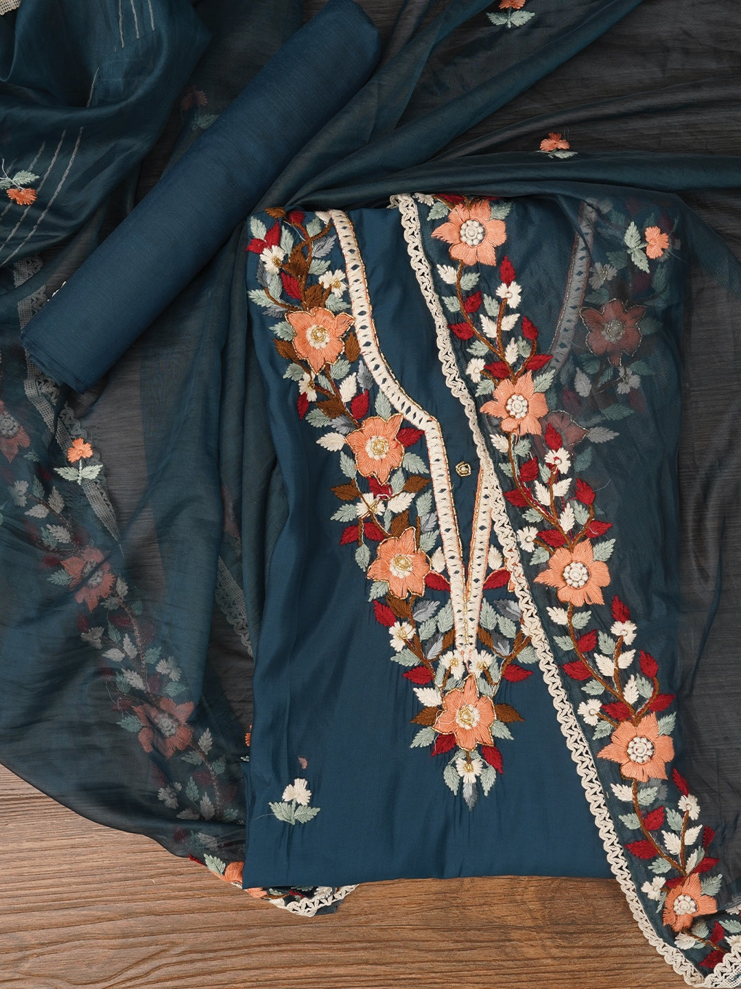 Teal Pure Silk Lucknowi Embroidered Dress Material with Dupatta