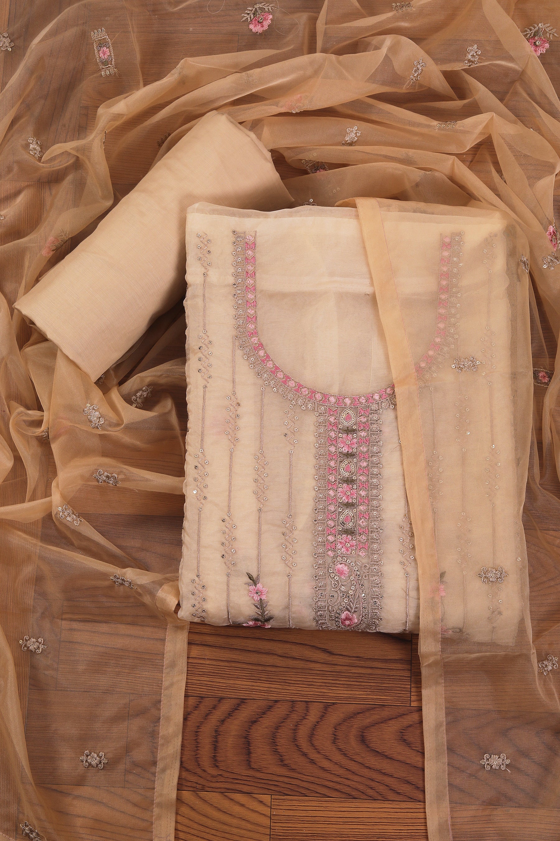 Cream Embroidered Organza Dress Material With Dupatta