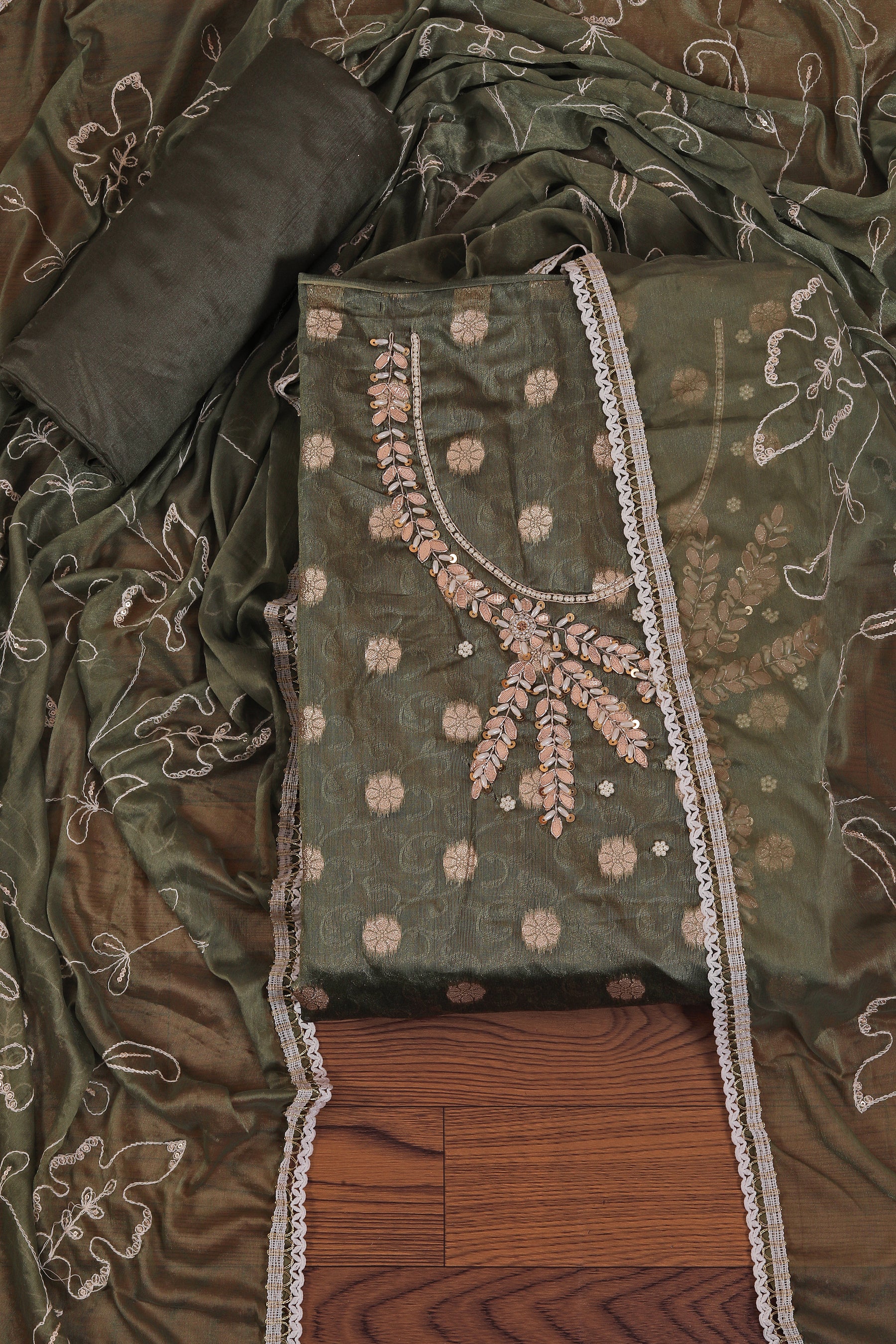 Mehndi Woven Silk Blend Dress Material With Dupatta