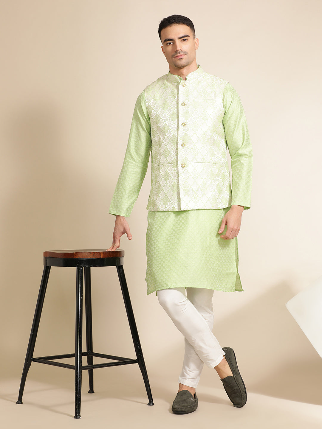 Pista Green Silk Blend Kurta With Woven Design Nehru Jacket Set