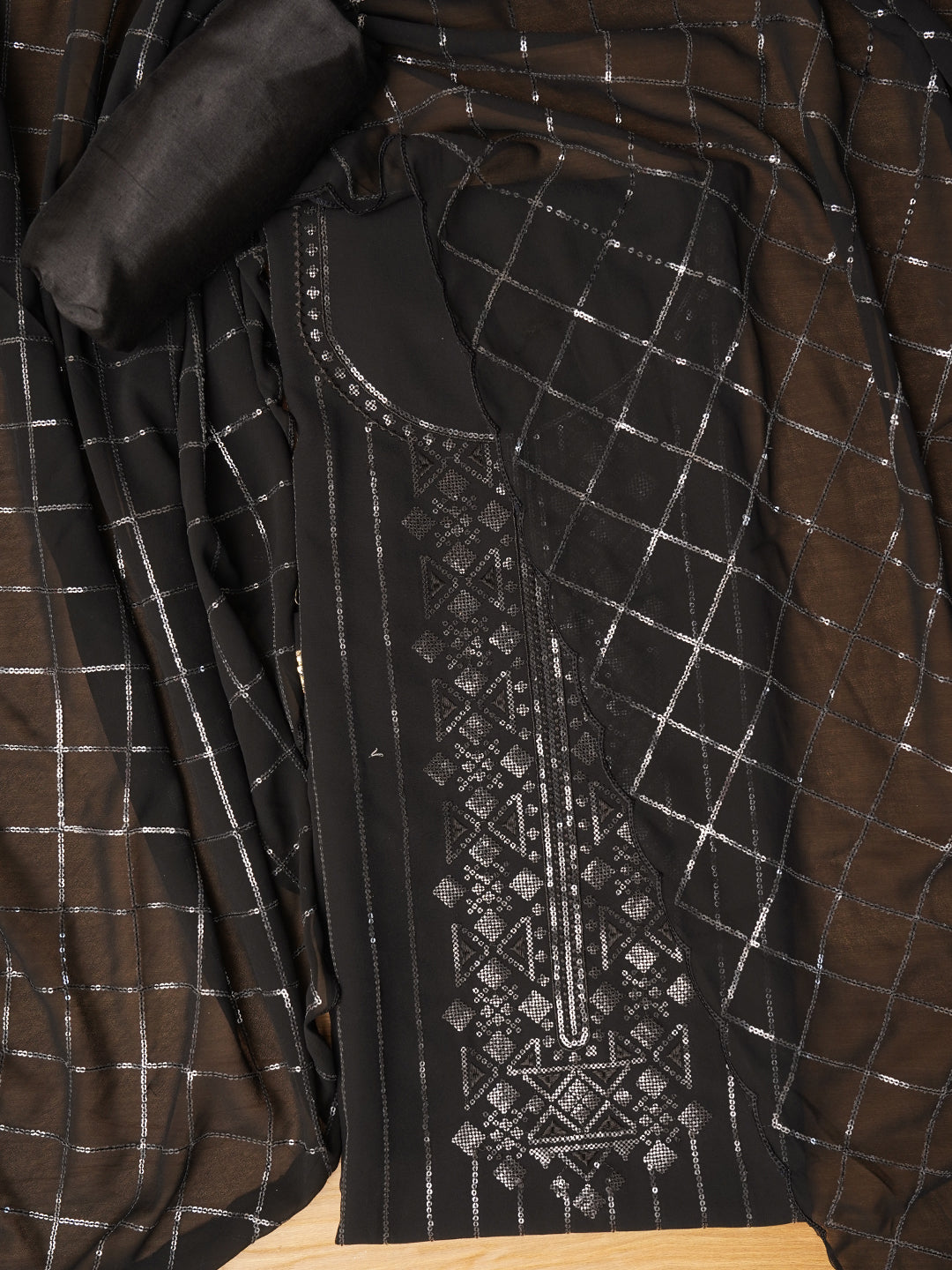 Unstitched Embroidered Black Silk Georgette Dress Material With Dupatta