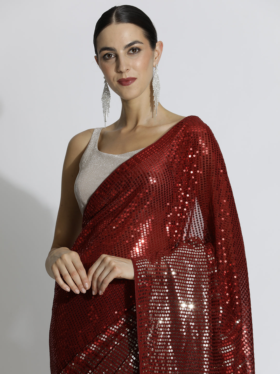 Sequin Embroidered Georgette Party Wear Red Saree