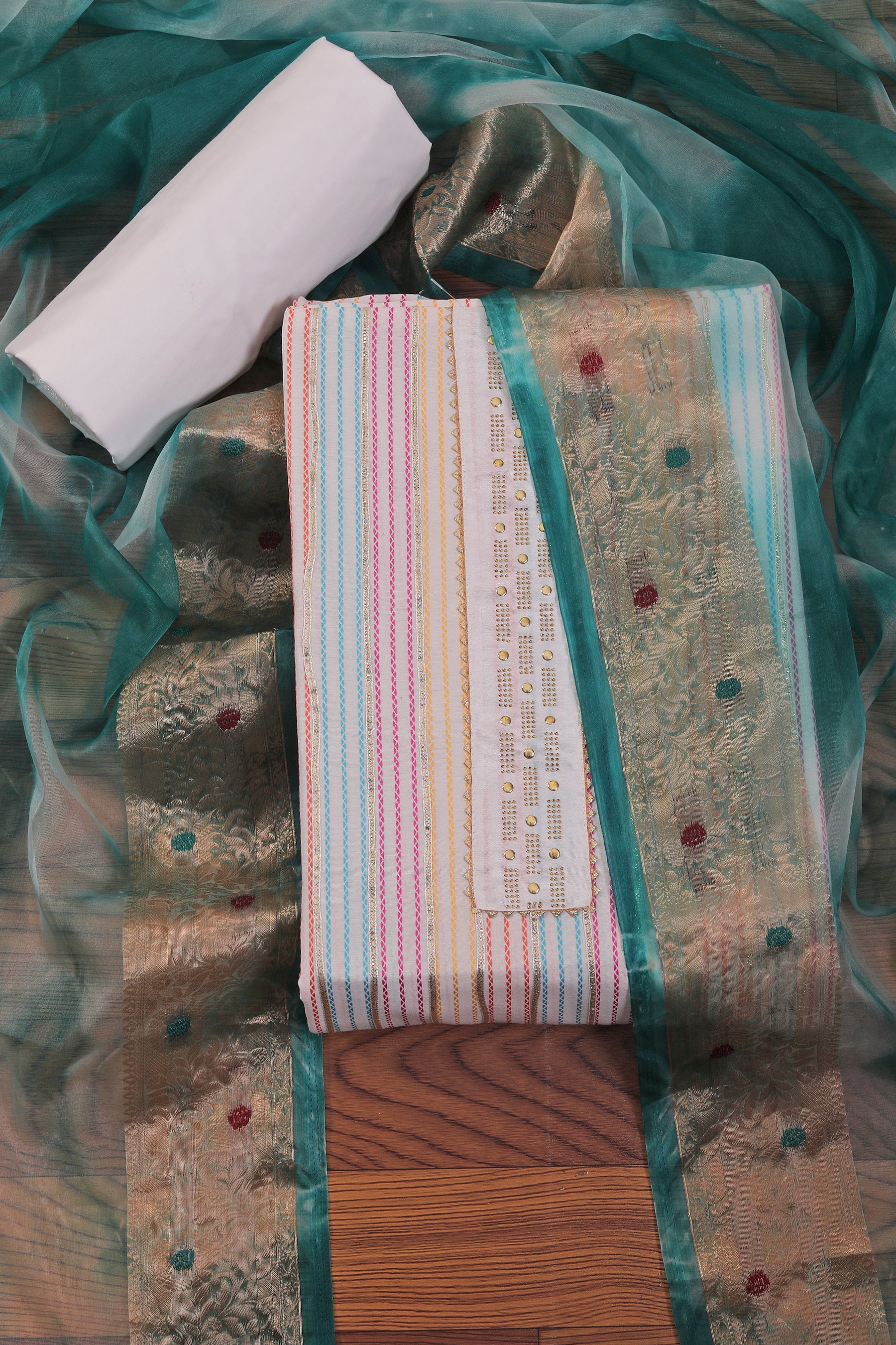 Blue Embellished Cotton Blend Dress Material with Dupatta