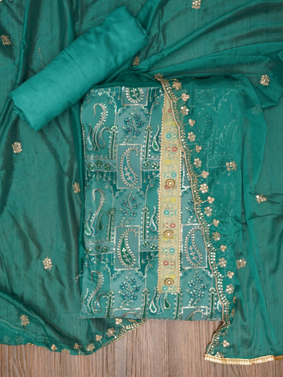 Sequin Embellished Multi Color Organza Dress Material with Dupatta