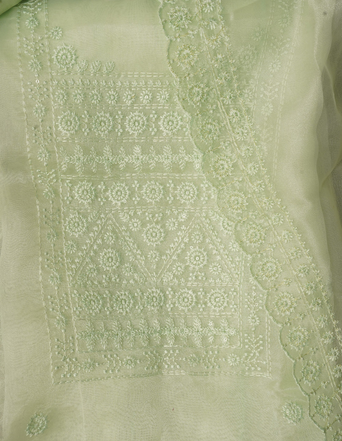 Green Unstitched Embroidered Organza Festive Dress Material With Dupatta