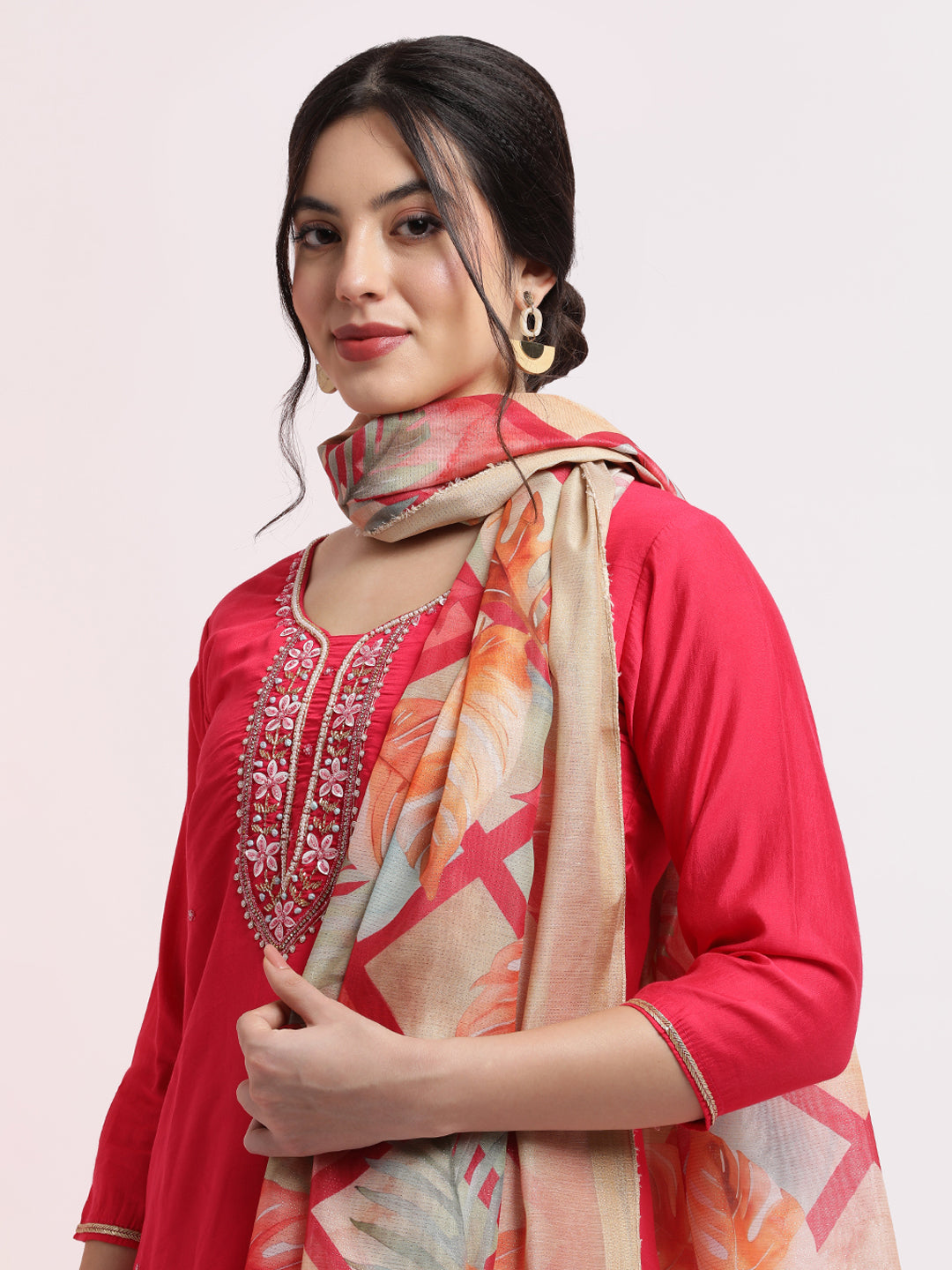 Pink Embroidered Cotton Festive Kurta Set With Dupatta