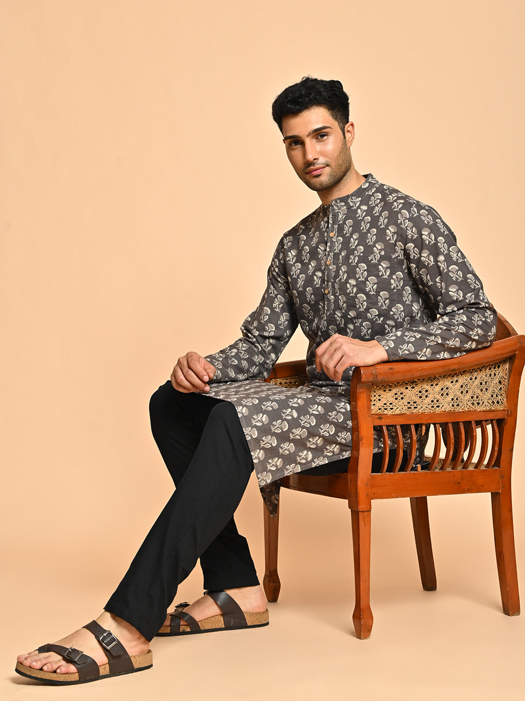 Brown Ethnic Motif Block Printed Cotton Kurta