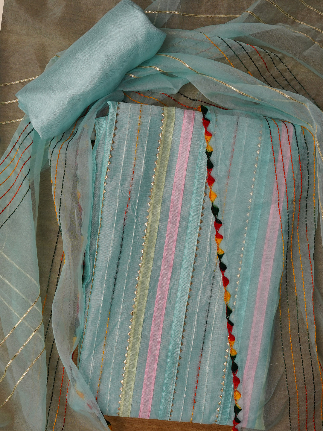 Sea Green Unstitched Embroidered Cotton Blend Dress Material With Dupatta