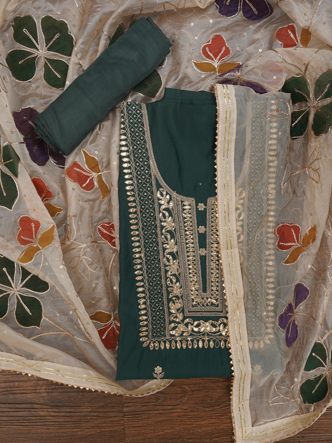 Sea Green Handpainted Embroidered Pure Silk Dress Material with Dupatta