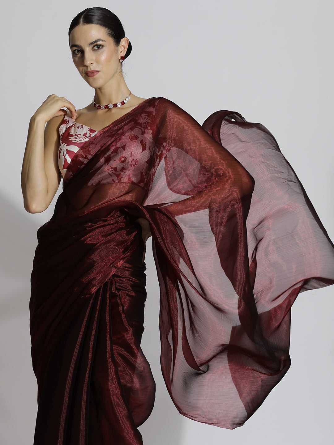 Maroon Festive Tissue Solid Saree